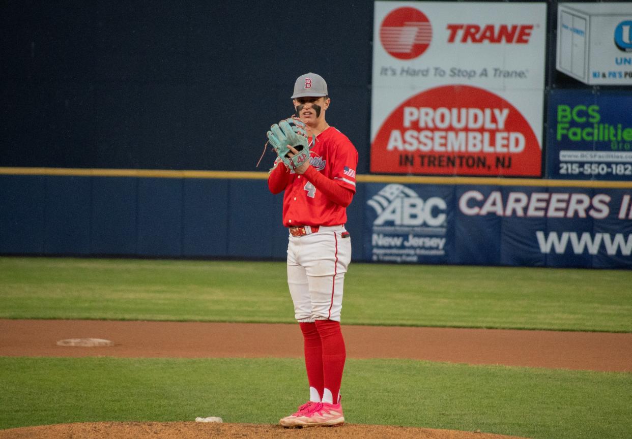 Bristol's Cole Guy prepares to make his pitch during Saturday night's 5-2 victory over Calvary Christian at Trenton Thunder Ballpark.