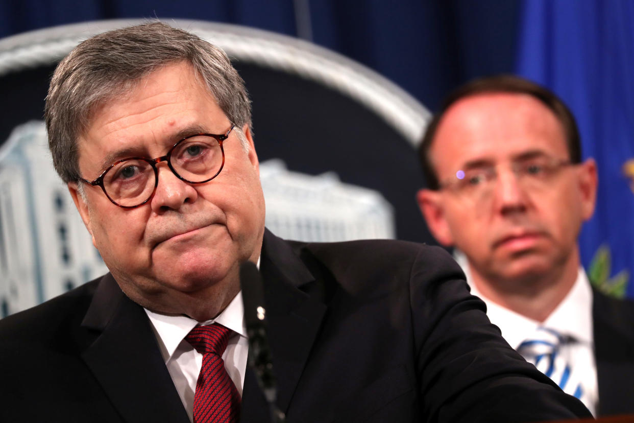 U.S. Attorney General William Barr, flanked by Deputy U.S. Attorney General Rod Rosenstein, speaks at a news conference to discuss Special Counsel Robert Mueller's report on Russian interference in the 2016 U.S. presidential race, in Washington, U.S., April 18, 2019. (Photo: Jonathan Ernst/Reuters)