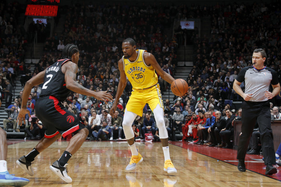 Kawhi Leonard’s Raptors got the best of Kevin Durant’s Warriors in an epic battle of two of the NBA’s best. (Getty)