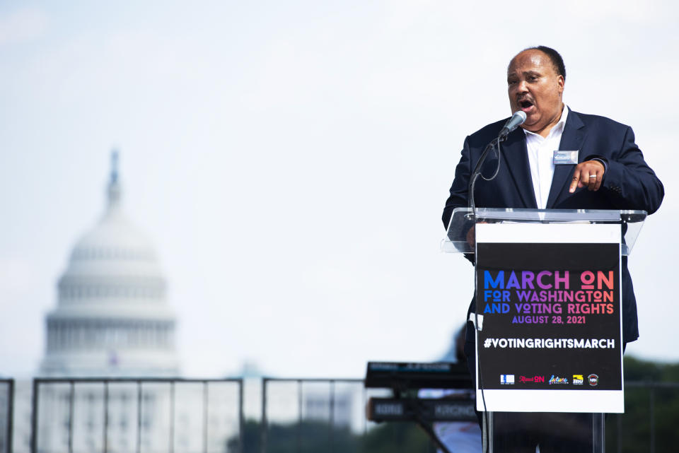 Martin Luther King III speaks during the March On for Washington and Voting Rights rally in Washington on Aug. 28, 2021. (Pete Kiehart / Bloomberg via Getty Images)