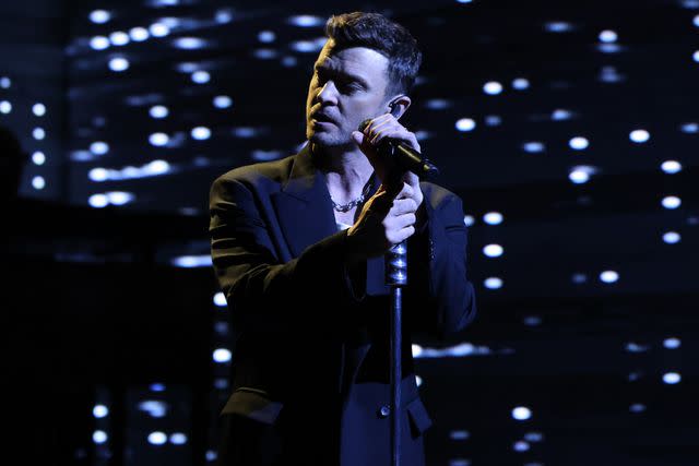 <p>Will Heath/NBC via Getty</p> Justin Timberlake performs on Saturday Night Live on Jan. 27, 2024