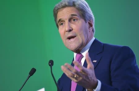 US Secretary of State John Kerry delivers a speech during the COP 21 United Nations conference on climate change in Le Bourget, on the outskirts of Paris, France December 9, 2015. REUTERS/Mandel Ngan/Pool