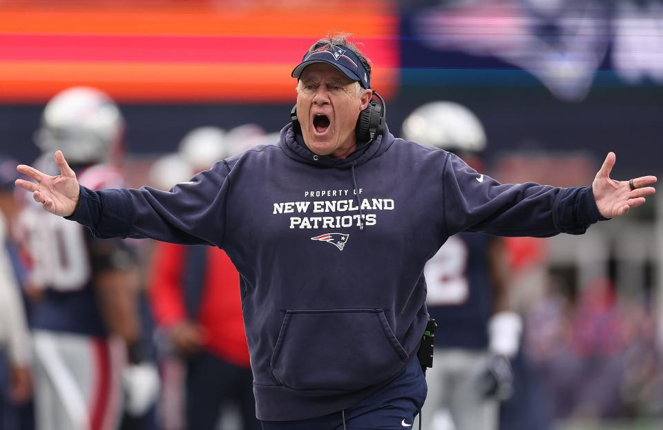 FOXBOROUGH, MASSACHUSETTS - OCTOBER 22: Head coach Bill Belichick of the New England Patriots reacts after a play in the second half of the game against the Buffalo Bills at Gillette Stadium on October 22, 2023 in Foxborough, Massachusetts. (Photo by Maddie Meyer/Getty Images)