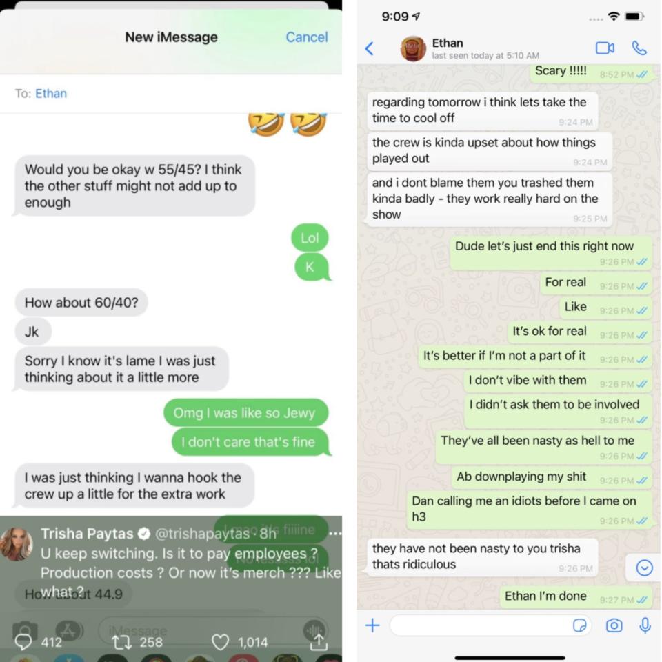Screenshots of texts between Paytas and Klein tweeted by Paytas.