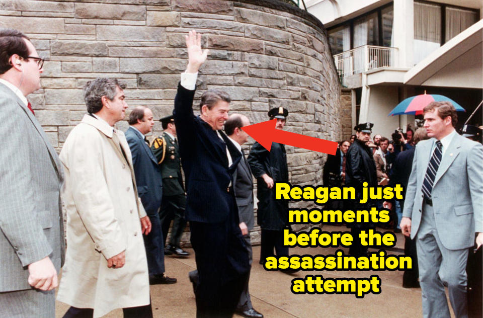 Reagan smiling and the words, "Reagan just moments before the assassination attempt"