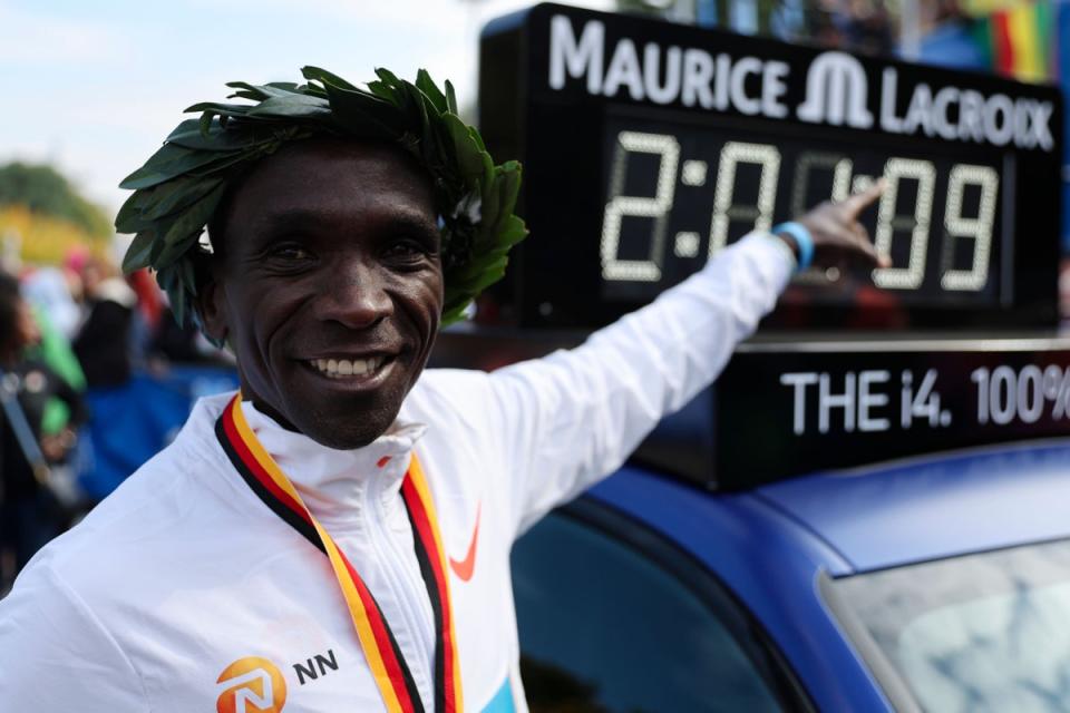 Eliud Kipchoge broke his own world record by 30 seconds in Berlin last weekend (AP Photo/Christoph Soeder) (AP)