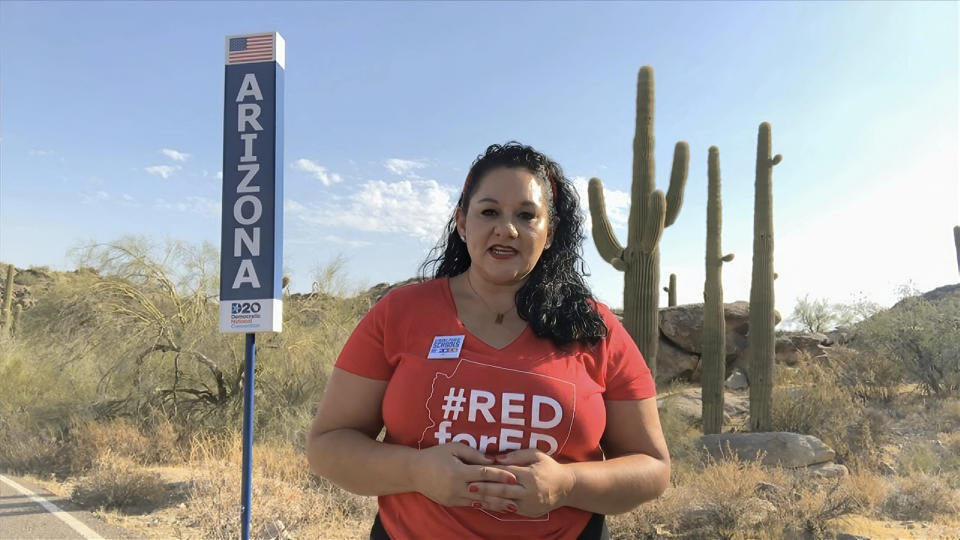 In this image from video, Marisol Garcia of Arizona speaks during the state roll call vote on second night of the Democratic National Convention on Tuesday, Aug. 18, 2020. (Democratic National Convention via AP)