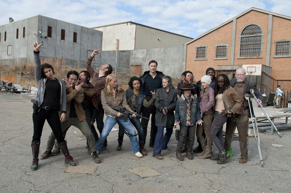 <p>Yes, Norman Reedus does appear to be licking Steven Yeun, as is often his way.<br><br>Pictured: Lauren Cohan, Steven Yeun, Norman Reedus, Andrew Lincoln, Laurie Holden, Sonequa Martin-Green, David Morrissey, Melissa McBride, Melissa Ponzio, Chandler Riggs, Emily Kinney, Chad Coleman, Danai Gurira, and Scott Wilson<br><br>(Photo: AMC) </p>