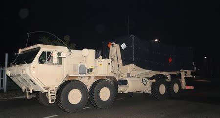 A part of a Terminal High Altitude Area Defense (THAAD) system travels as it heads for Seongju, near the Osan Air Base in Pyeongtaek, South Korea, September 7, 2017. Oh Jang-hwan/News1 via REUTERS