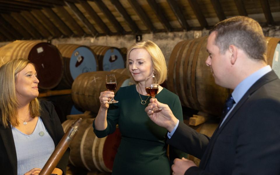 Liz Truss raised a glass on a visit to the BenRiach Distillery in the Cairngorms earlier today - Paul Campbell/PA Wire