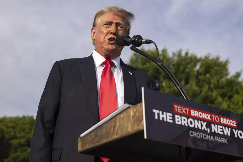 FILE - Republican presidential candidate former President Donald Trump speaks during a campaign rally in the south Bronx, May. 23, 2024, in New York. Trump and other Republicans portray President Joe Biden's policy to promote electric vehicles as unfair for consumers and government overreach. Biden and Democrats have been less vocal and more nuanced, advocating Biden's climate reduction goals while promoting homegrown technology over competition from China. (AP Photo/Yuki Iwamura, File)