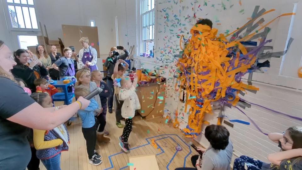 Matthew Davis was finished off with a confetti cannon after the hour-long wrapping.