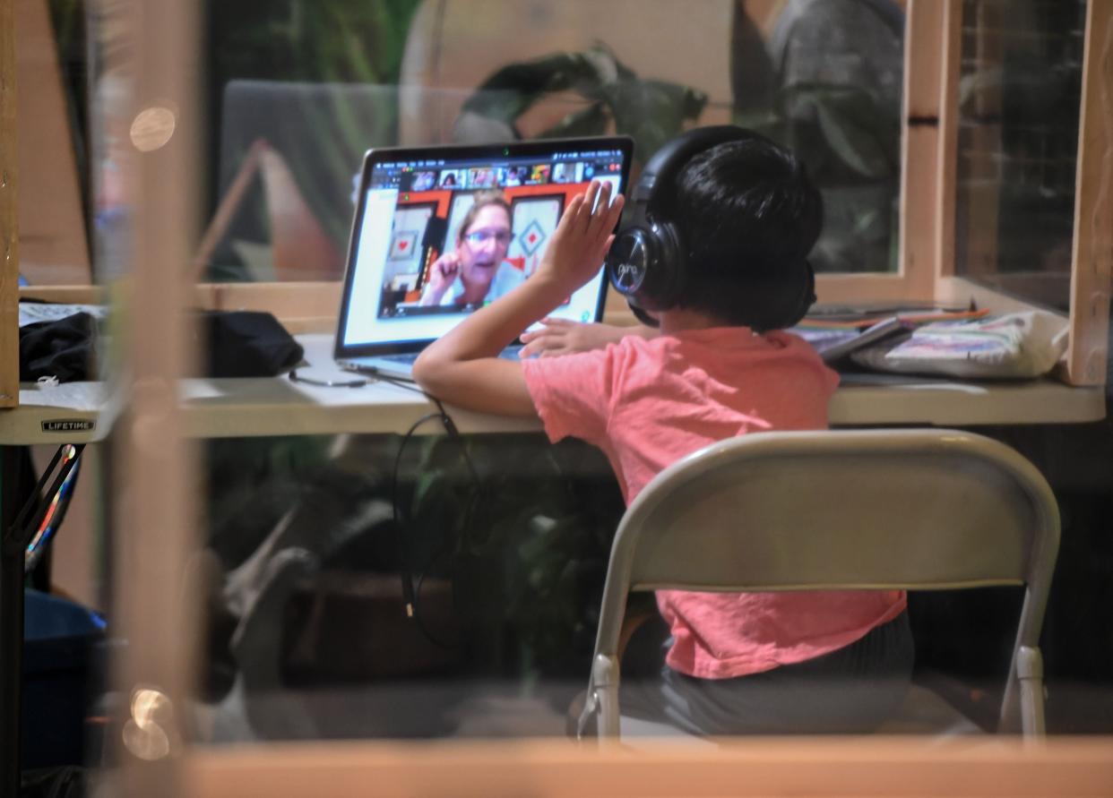 <p>A student follows along remotely with their regular school teacher's online live lesson</p> (AFP via Getty)