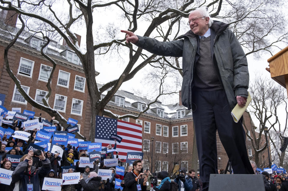 Sen. Bernie Sanders, I-Vt., arrives to the stage as he kicks off his 2020 presidential campaign Saturday, March 2, 2019, in the Brooklyn borough of New York. (AP Photo/Craig Ruttle)