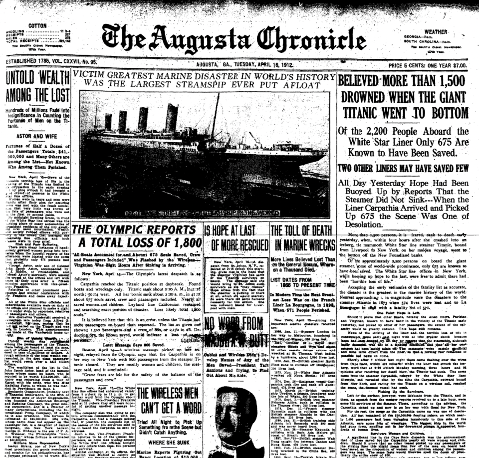 An old copy of the front page of The Augusta Chronicle on April 16, 1912. Much of the content centered on the tragic sinking of the Titanic on April 14.