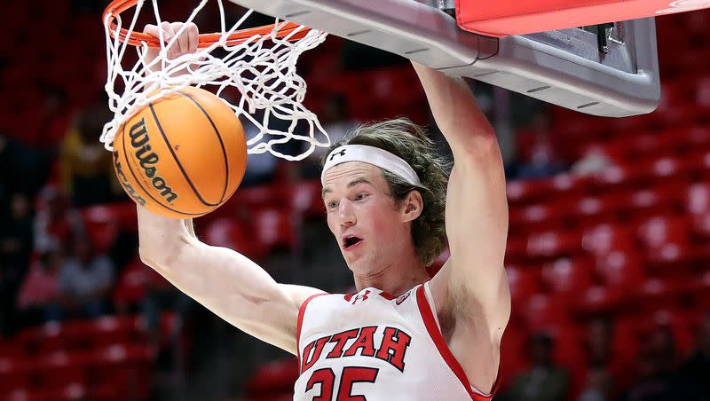 Utah Utes center Branden Carlson (35) dunks the ball during a men’s basketball game against the Eastern Washington Eagles at the Huntsman Center in Salt Lake City on Monday, Nov. 6, 2023. Utah won 101-66.