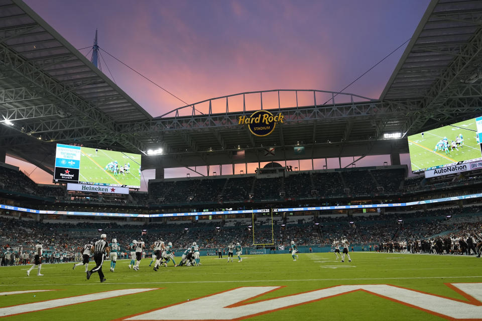 Miami Dolphins and Atlanta Falcons play during the first half of a pre season NFL football game, Friday, Aug. 9, 2024, in Miami Gardens, Fla. (AP Photo/Lynne Sladky)