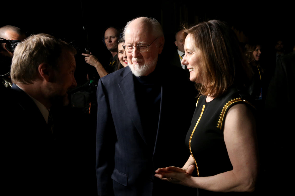 LOS ANGELES, CA - DECEMBER 09: (L-R) Writer/Director Rian Johnson, Composer John Williams and Producer Kathleen Kennedy at the world premiere of Lucasfilm's Star Wars: The Last Jedi at The Shrine Auditorium on December 9, 2017 in Los Angeles, California.  (Photo by Jesse Grant/Getty Images for Disney)