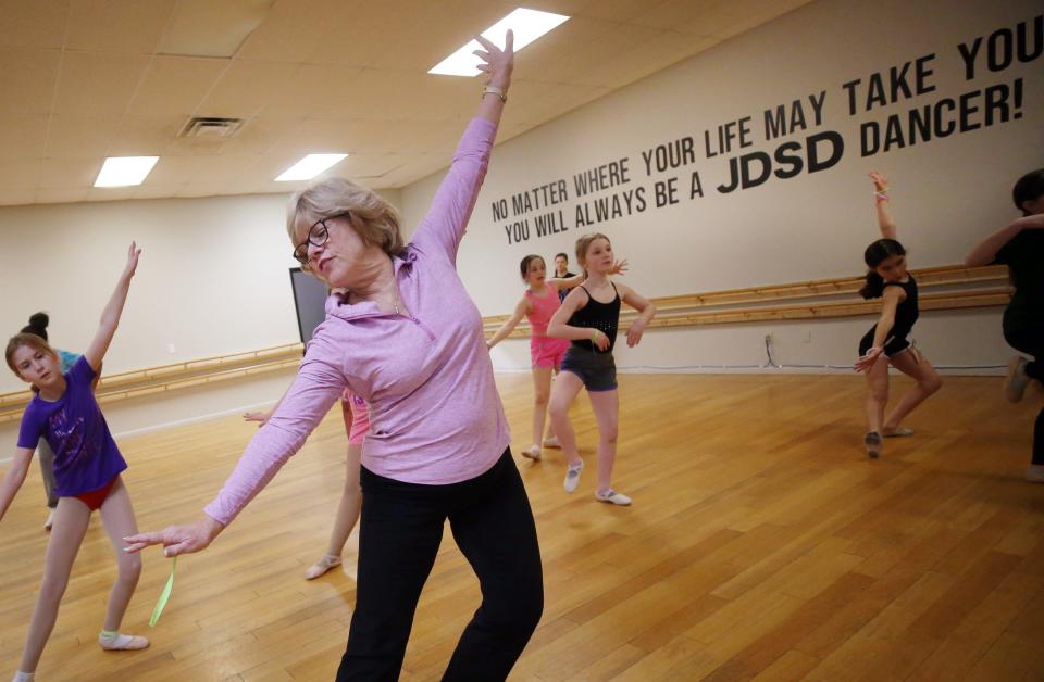 Denise Leithart leads her intermediate ballet class at the Judy Dollenmayer Studio of Dance on March 24. Leithart has been teaching at the studio since 1985.  The studio has been in Gahanna for 51 years. The class will perform a ballet production of "Peter Pan" at Gahanna Lincoln High School in May.