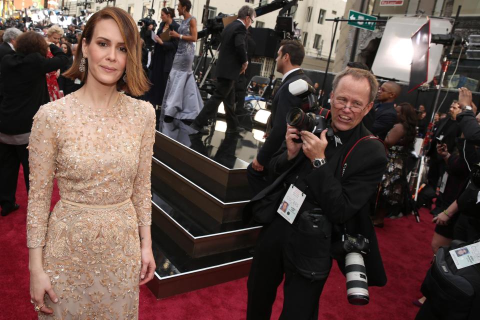 Sarah Paulson arrives at the Oscars on Sunday, March 2, 2014, at the Dolby Theatre in Los Angeles. (Photo by Matt Sayles/Invision/AP)