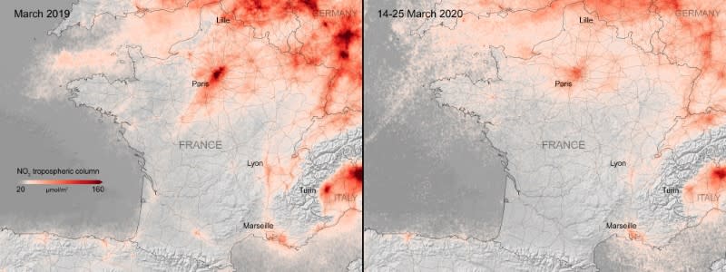 A combination image from the ESA shows the average nitrogen dioxide concentrations from air pollution across France