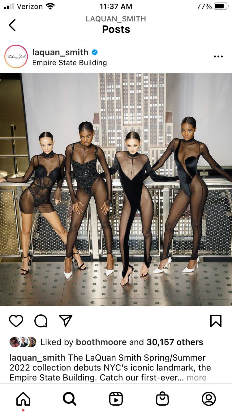 Instagram post of models posting in LaQuan Smith at the top of the Empire State Building. - Credit: Instagram post.