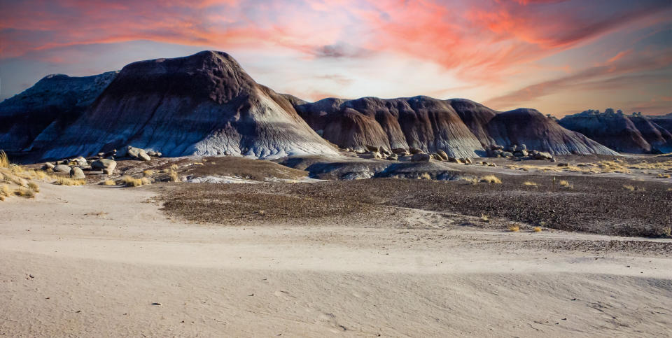 Stunning landscape of the unique blue-hued badlands in Petrified Forest National Park, Blue Mesa, AZ