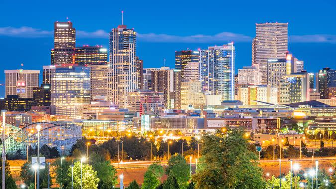 Stock photograph of the Skyline of downtown Denver Colorado USA at twilight blue hour.