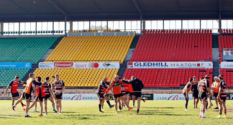 Seen here, Wests Tigers NRL players training on Concord Oval.