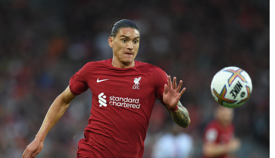 LIVERPOOL, ENGLAND - AUGUST 15:  (THE SUN OUT,THE SUN ON SUNDAY OUT ) Darwin Nunez of Liverpool during the Premier League match between Liverpool FC and Crystal Palace at Anfield on August 15, 2022 in Liverpool, England. (Photo by John Powell/Liverpool FC via Getty Images)