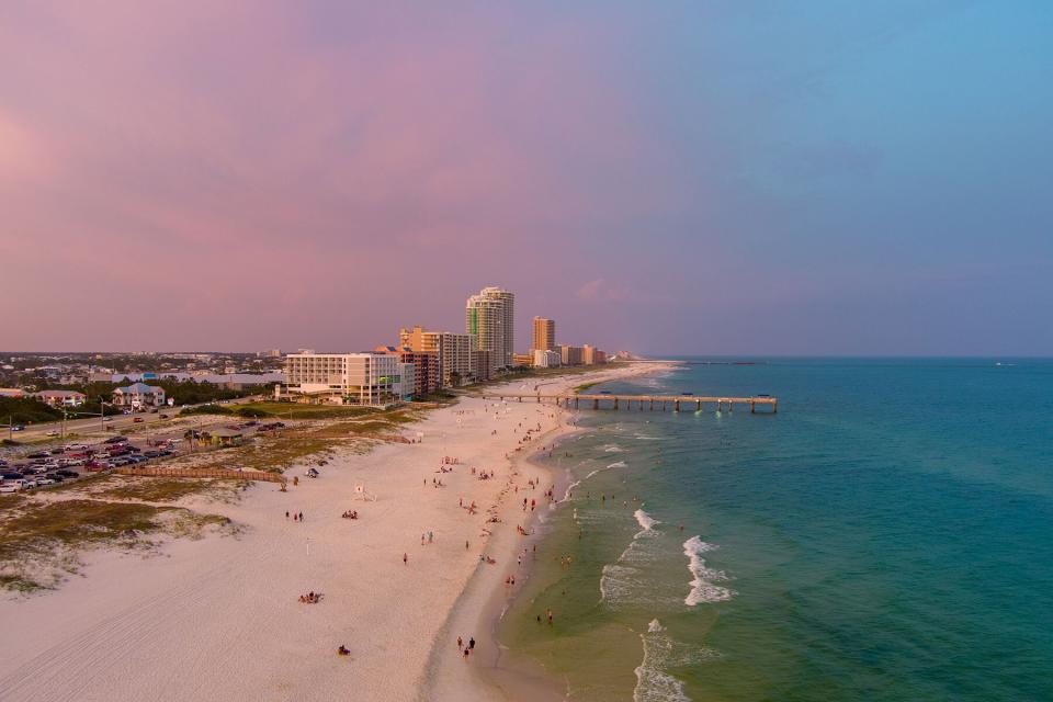 Aerial view of Orange Beach, Alabama at sunset