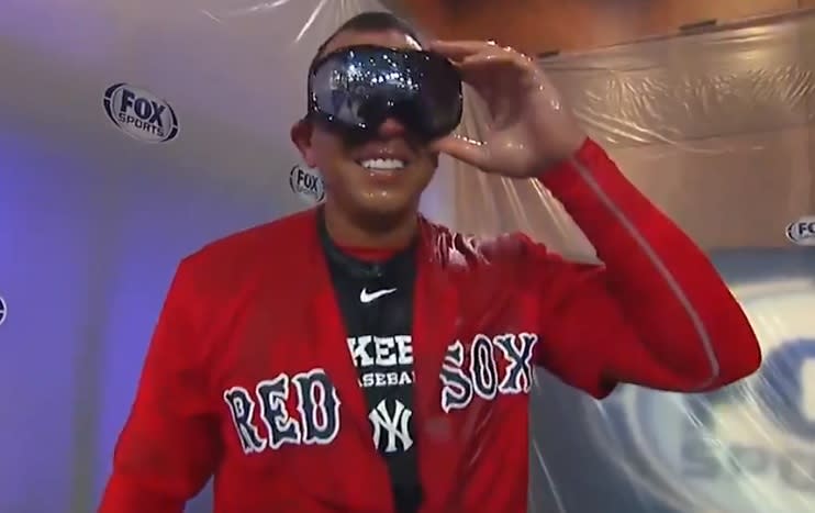 Alex Rodriguez sports goggles, champagne and a Red Sox uniform after losing Yankees ALDS bet with David Ortiz. (FS1)