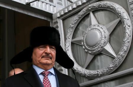 General Khalifa Haftar, commander in the Libyan National Army (LNA), leaves after a meeting with Russian Foreign Minister Sergei Lavrov in Moscow, Russia, November 29, 2016. REUTERS/Maxim Shemetov