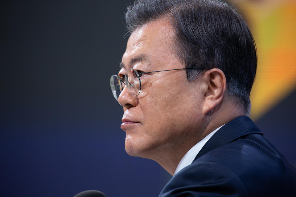 SEOUL, SOUTH KOREA - JANUARY 18: South Korean President Moon Jae-in speaks during an on-line New Year press conference with local and foreign journalists at the Presidential Blue House on January 18, 2021 in Seoul, South Korea. (Photo by Jeon Heon-Kyun - Pool/Getty Images)