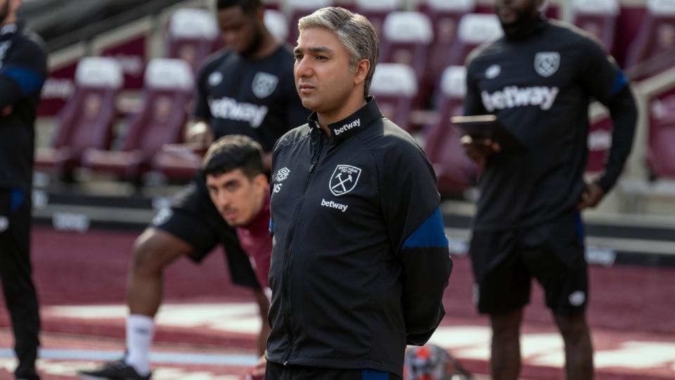 Nick Mohammed standing on the pitch in a West Ham kit in Season 3 of Ted Lasso.