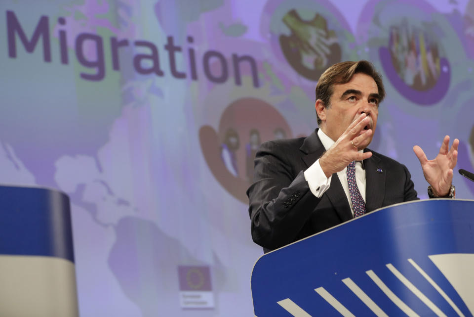 European Commissioner for Promoting our European Way of Life Margaritas Schinas, speaks during a media conference on the New Pact for Migration and Asylum at EU headquarters in Brussels, Wednesday, Sept. 23, 2020. (Stephanie Lecocq, Pool via AP)