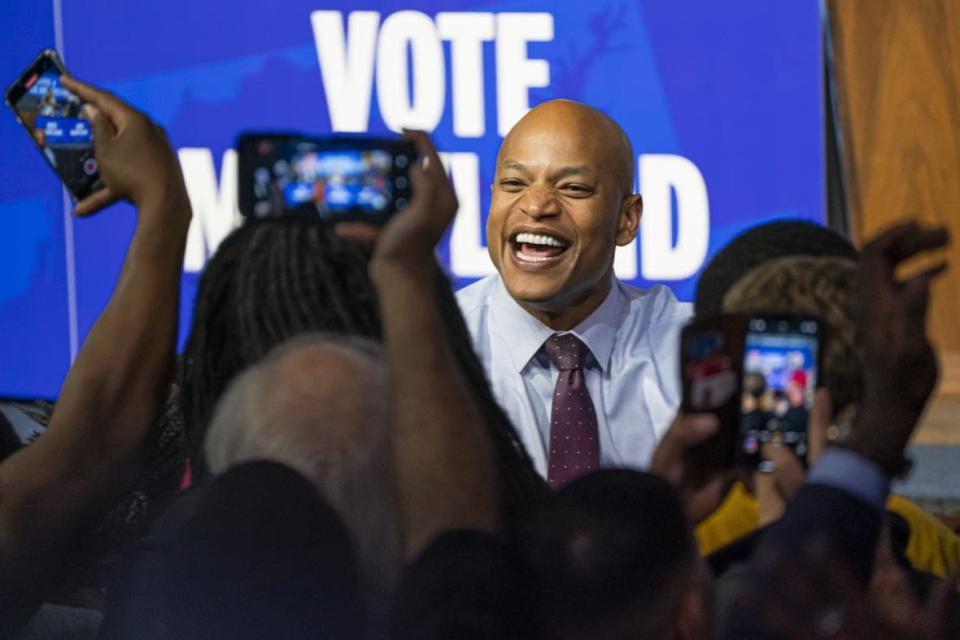 Democratic gubernatorial candidate Wes Moore greets supporters at a campaign rally at Bowie State University on November 7, 2022 in Bowie, Maryland. Moore faces Republican state Rep. Dan Cox in tomorrow’s general election. (Photo by Nathan Howard/Getty Images)