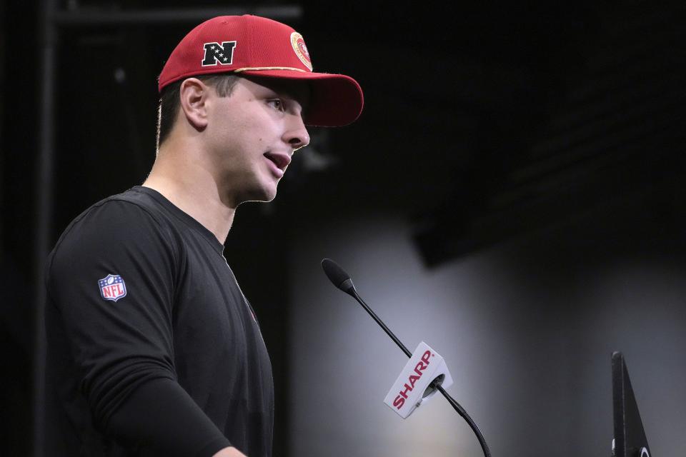 San Francisco 49ers quarterback Brock Purdy speaks to reporters after a practice Feb. 2, 2024.