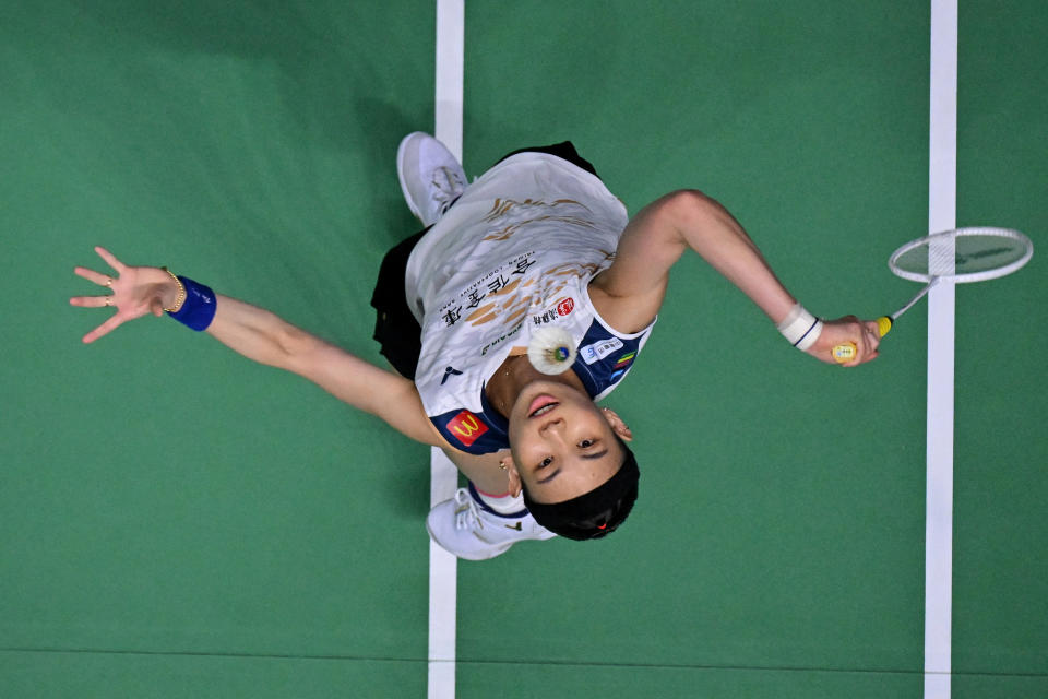 Taiwan's Tai Tzu-ying hits a return against China's Chen Yufei in their women's singles final match at the 2022 Thailand Open badminton tournament in Bangkok on May 22, 2022. (Photo by Lillian SUWANRUMPHA / AFP) (Photo by LILLIAN SUWANRUMPHA/AFP via Getty Images)