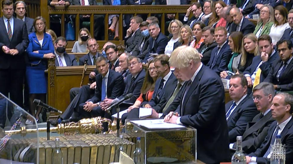 Prime Minister Boris Johnson speaking during the debate on the situation in Afghanistan in the House of Commons, London, as MPs returned to Parliament from their summer break for an emergency sitting on Wednesday, three days after the country's capital Kabul fell to the militants on Sunday. Picture date: Wednesday August 18, 2021. (Photo by House of Commons/PA Images via Getty Images)