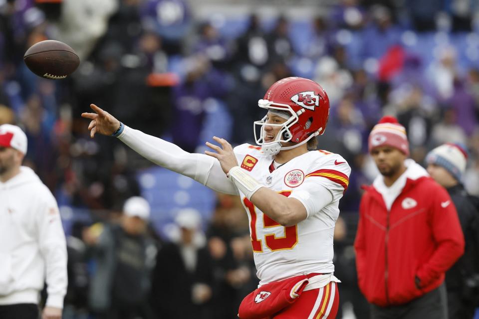 Jan 28, 2024; Baltimore, Maryland, USA; Kansas City Chiefs quarterback <a class="link " href="https://sports.yahoo.com/nfl/players/30123/" data-i13n="sec:content-canvas;subsec:anchor_text;elm:context_link" data-ylk="slk:Patrick Mahomes;sec:content-canvas;subsec:anchor_text;elm:context_link;itc:0">Patrick Mahomes</a> (15) warms up prior to the AFC Championship football game against the Baltimore Ravens at M&T Bank Stadium. Mandatory Credit: Geoff Burke-USA TODAY Sports