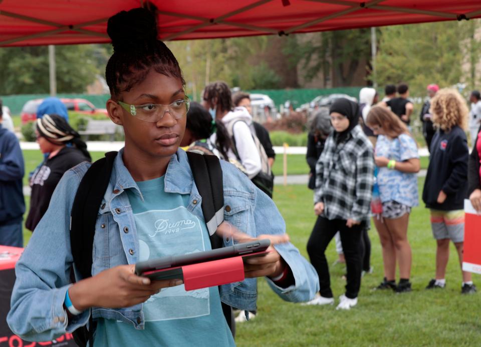 Honesty Brooks, 12 of Detroit, keeps an eye on a drone she is controlling as she takes it through an obstacle course during youth drone demo day put on by Code 313 in front of Ford’s Michigan Central Station in Detroit on Saturday, September 9, 2023.