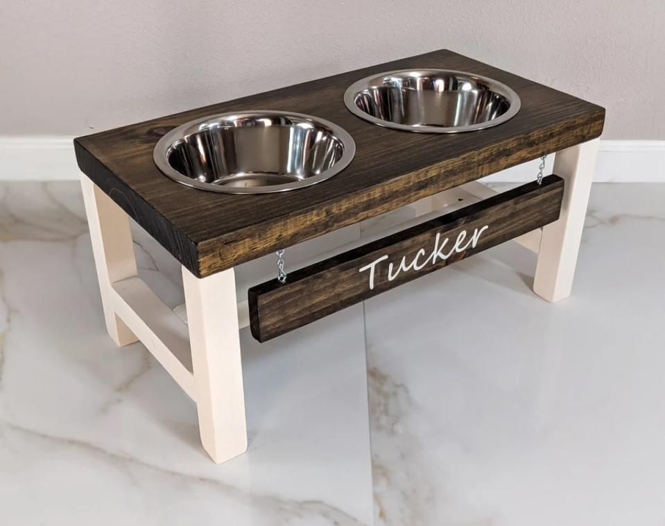 Custom double pet dish stand made of wood with name 