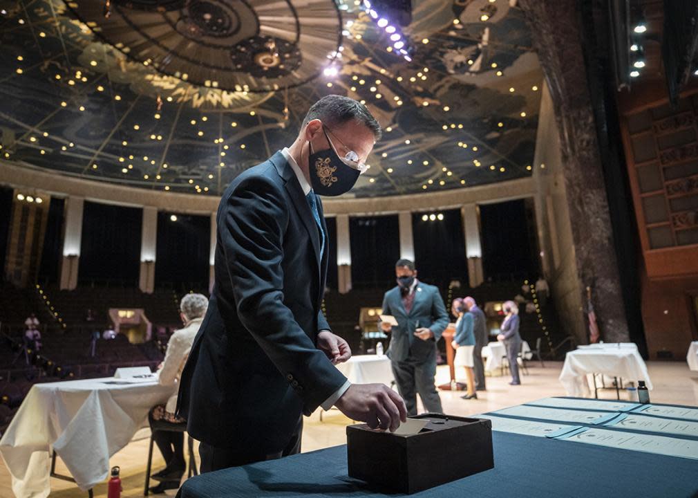 Pennsylvania elector Josh Shapiro casting his 2020 Electoral College ballot.