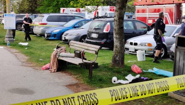 Police tape off the crime scene at Ambleside Park in West Vancouver, B.C.