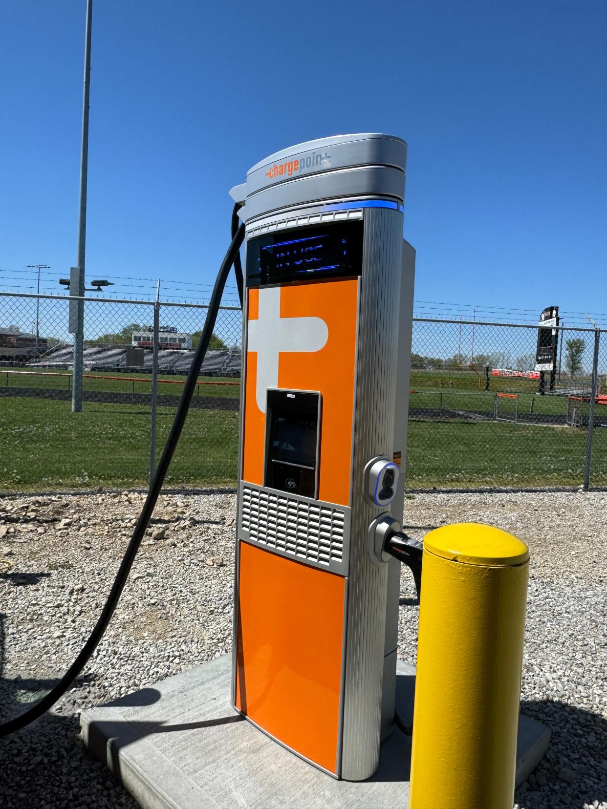 The Amanda-Clearcreek Local School District received $790,000 from the Environmental Protection Agency's 2022 clean school bus rebate to help buy the Saf-T-Liner CR Jouley electric buses. Pictured is one of the charging stations for the buses.