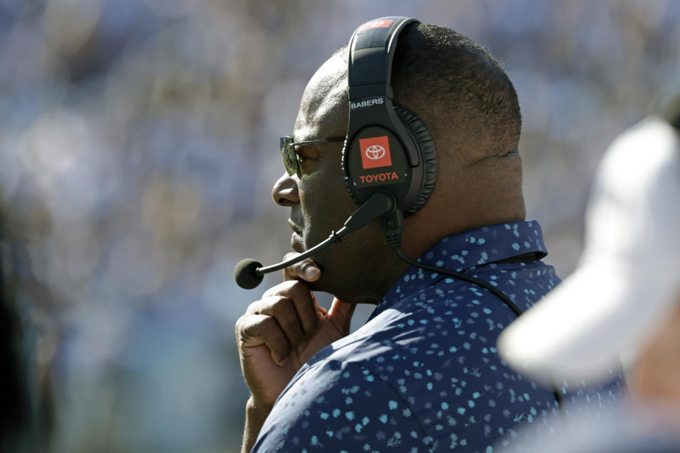 Syracuse head coach Dino Babers watches the action during the first half of an NCAA college football game against North Carolina, Saturday, Oct. 7, 2023, in Chapel Hill, N.C. (AP Photo/Chris Seward)