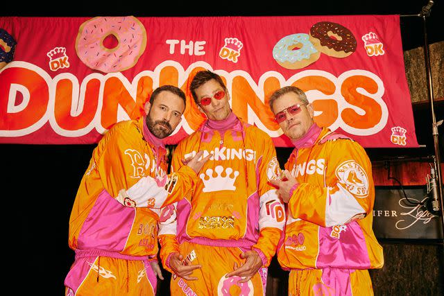 <p>Dunkin'</p> Ben Affleck, Tom Brady, and Matt Damon in Dunkin's Super Bowl Commercial 2024