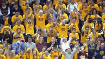 May 25, 2016; Cleveland, OH, USA; Fans react in the first quarter in game five of the Eastern conference finals of the NBA Playoffs between the Toronto Raptors and the Cleveland Cavaliers at Quicken Loans Arena. Mandatory Credit: David Richard-USA TODAY Sports