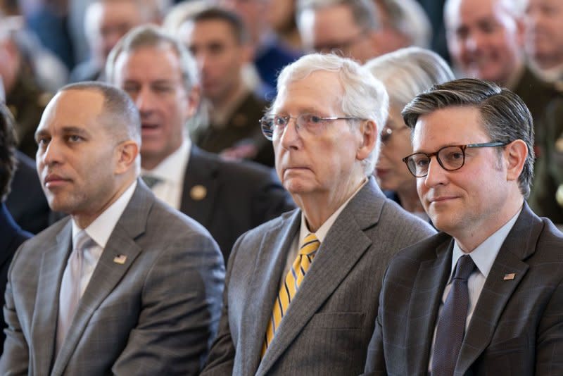 House Minority Leader Rep. Hakeem Jeffries, D-NY, Senate Minority Leader Mitch McConnell, R-KY, and House Mike Johnson, R-LA, look on during a Washington, D.C., ceremony in March. On Wednesday, the U.S. Senate dismissed both articles of impeachment against Homeland Security Secretary Alejandro Mayorkas, as McConnell urged his colleagues to "take the proceedings seriously" and Johnson blasted the vote as "an endorsement" of "dangerous open border policies." Photo by Bonnie Cash/UPI